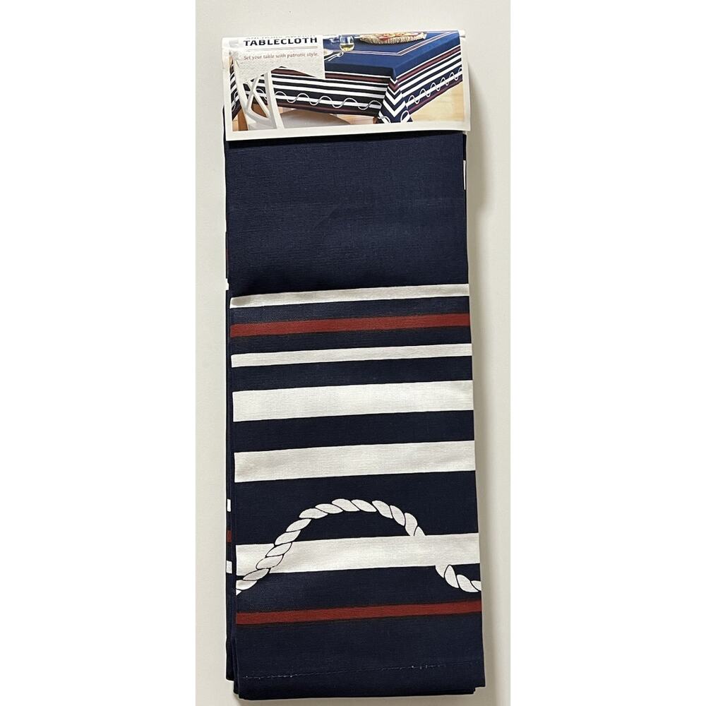 Nautical Blue Tablecloth Stripe Rope Cotton Anchor Aweigh 2012 Coastal 52x70”